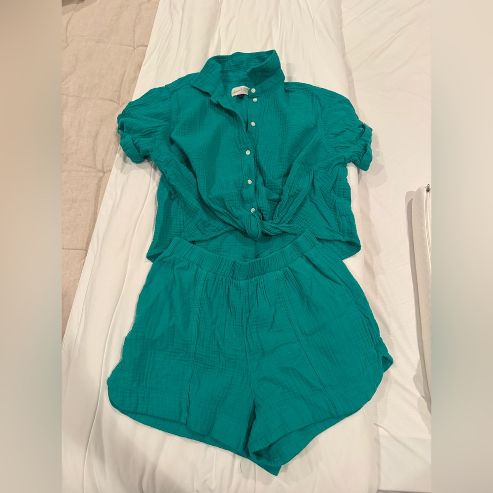 Green Button-Up Top & Shorts Set
